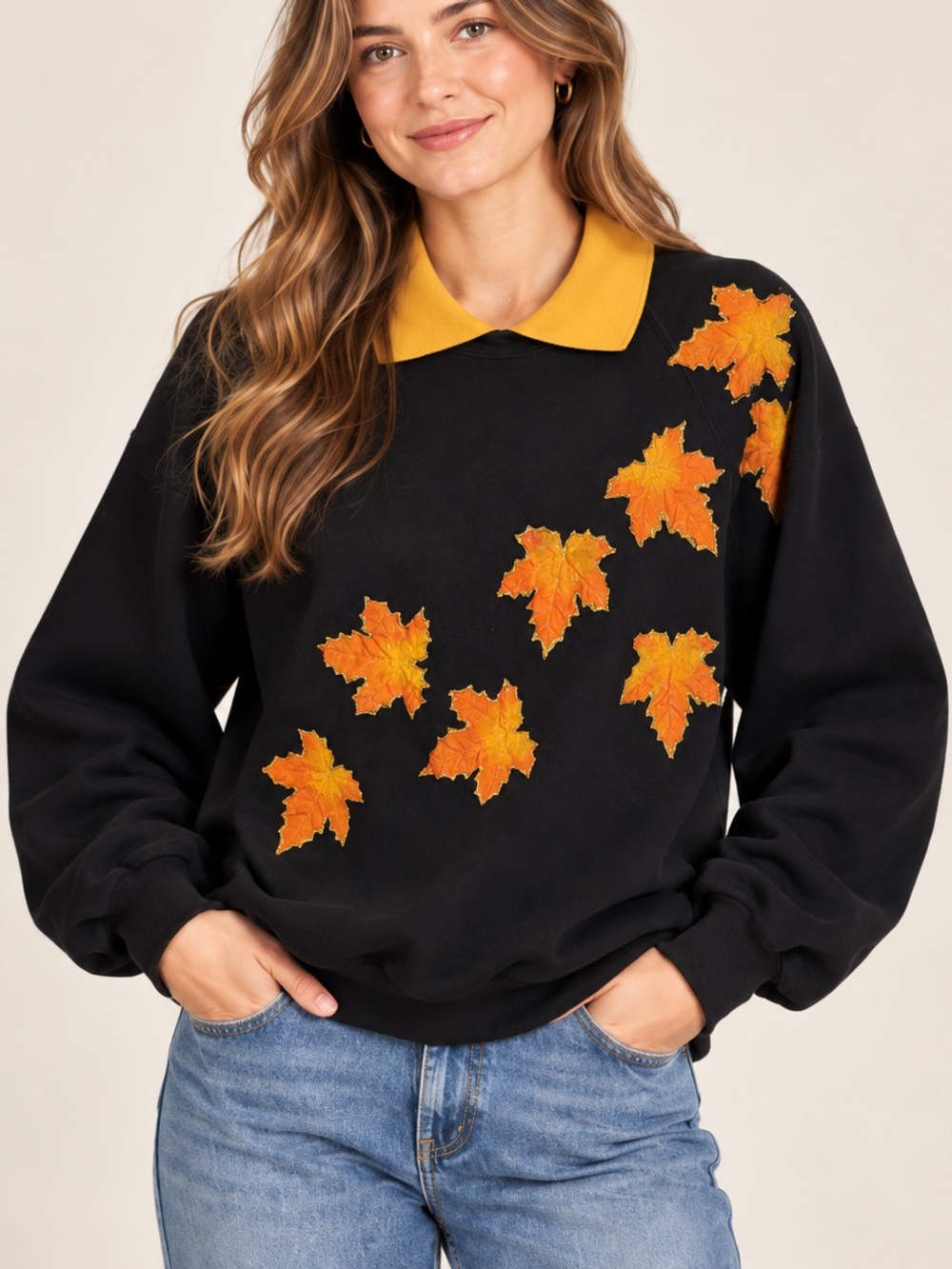Vintage Jerzees XXL Made USA Black Fall Maple Leaf Applique Collared Sweatshirt
